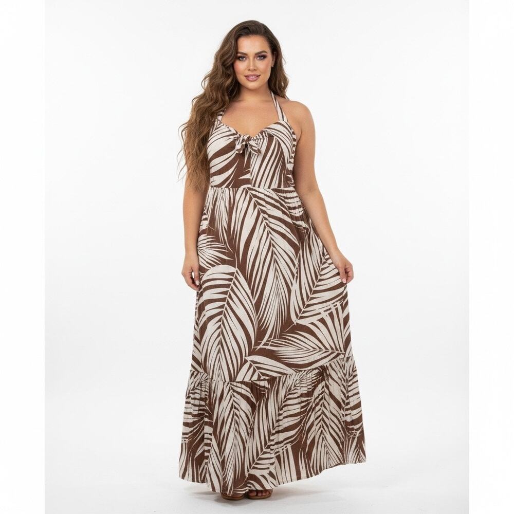 Terra Sky Palm Print Brow Beige Halter Smocked Maxi Dress 2x Resort Vacation